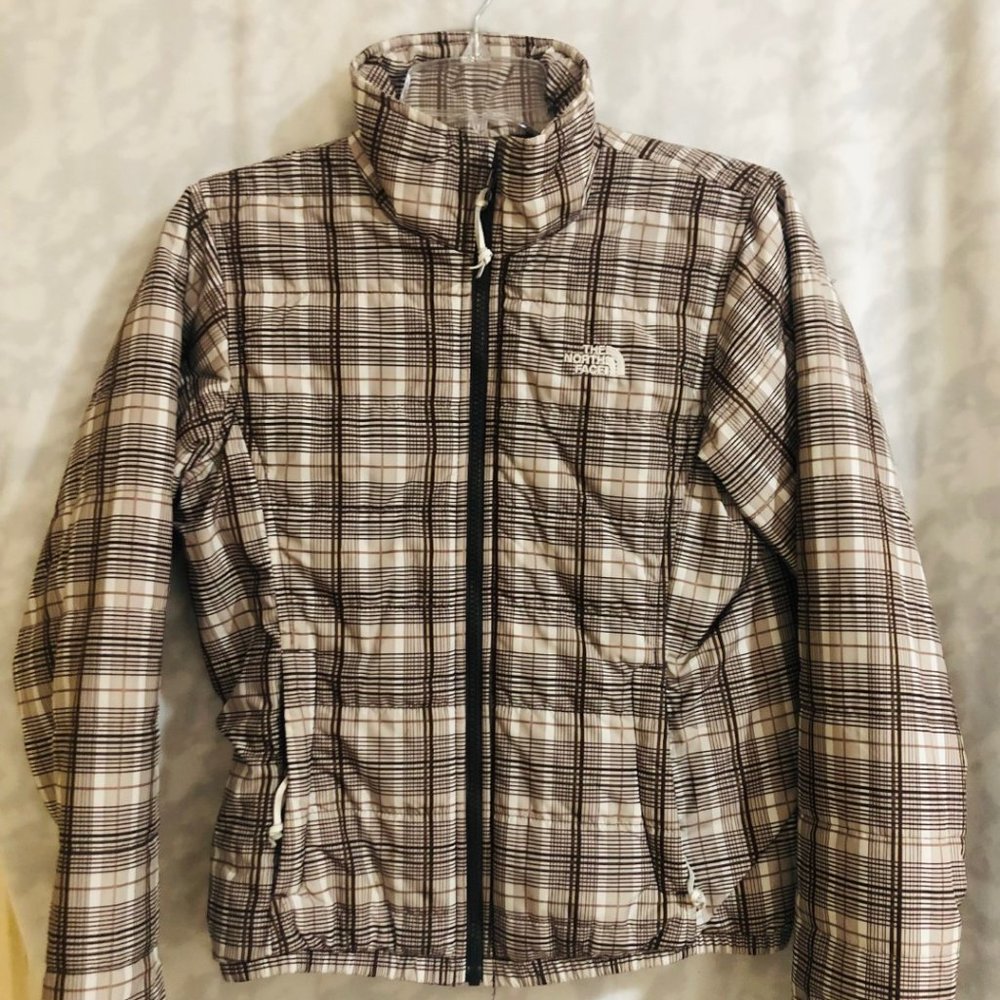 Brown and white plaid women's North Face Jacket, Size Small